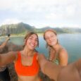 Selfie view of Kualoa Regional Park from the top of Mokolii