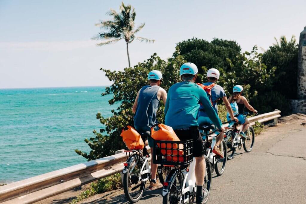 People e-biking in Kailua with rentals from Active Oahu