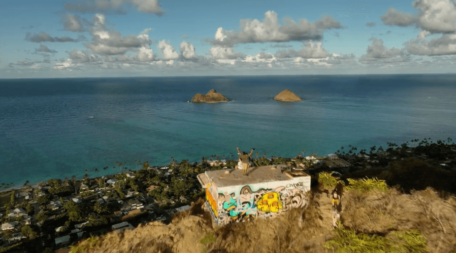 Drone view of the Lanikai Pillbox overlooking the ocean and Mokulua Islands